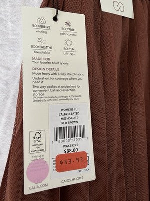 Calia Pleated Tennis Skort Large Brown Womens Skirt W/ Shorts New NWT