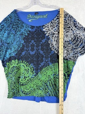 Desigual Top Large Blue Green Print Short Sleeve Dolman Knit
