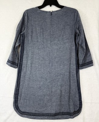 Ann Taylor Dress Small Petite Linen Tunic Blue Womens SP 3/4 Sleeve Embroidered