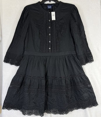 Gap Lace Trim Mini Dress Medium Fit & Flare Women Black 3/4 Sleeve Boho New