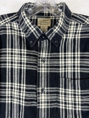 LL Bean Scotch Plaid Flannel Shirt Mens Large Navy Blue Button Down Long Sleeve