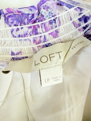 Ann Taylor Loft Top Large Petite Puff Sleeve Purple Floral Long Sleeve Womens