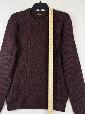 Uniqlo Sweater Men Medium Cable Knit Wool Blend Burgundy Crew Neck
