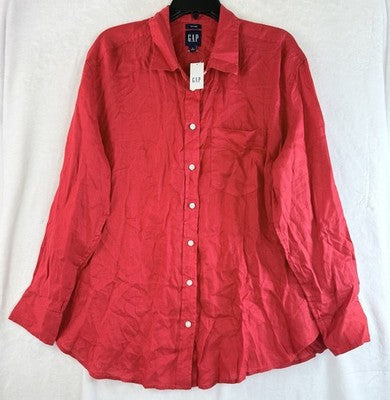Gap 100% Linen Shirt Large Women Red Long Sleeve Button Up Top Oversized New NWT