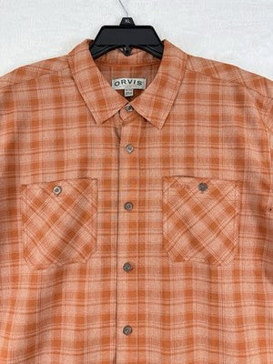 Orvis Men’s XL Shirt Short Sleeve Tech Plaid Orange Button Up Pockets Collar