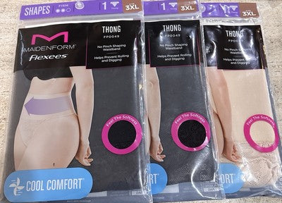 Maidenform Flexees 3XL Lot Thong Black Lace Beige Shapes Cool Comfort Shapewear
