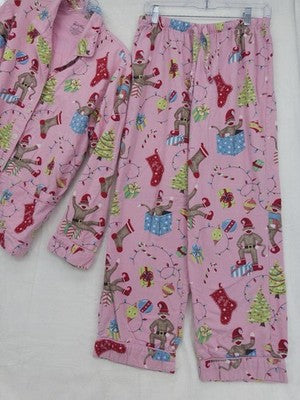 Nick And Nora Pajamas Set Medium Pink Flannel Sock Monkey Christmas Shirt Pants