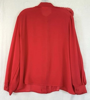 Vintage 70s 80s Red Chiffon Blouse Large Shoulder Pads Secretary Top 9 To 5