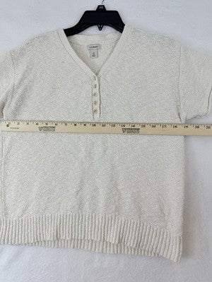 LL Bean Sweater Womens XS Cotton Slub Henley Ivory White Short Sleeve Womens