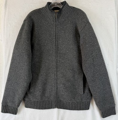 LL Bean Sweater Jacket Medium Mens Gray Lambs Wool Sherpa Fleece Lined Full Zip