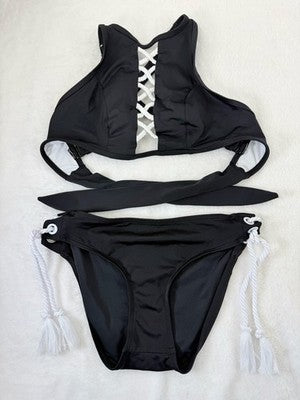 Venus Bikini Set Small Black 6 Halter Top Bottoms Tie Side Swimsuit Womens