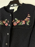 Carroll Reed Wool Cardigan Medium Black Embroidered Flowers Vintage