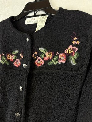 Carroll Reed Wool Cardigan Medium Black Embroidered Flowers Vintage