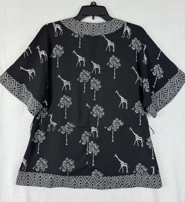 Worthington Top Medium Womens Short Sleeve Black Giraffes V Neck Safari Blouse