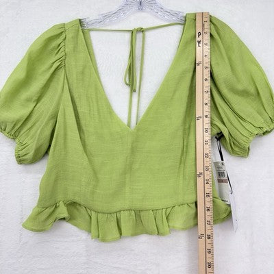 1. State Women Tops Medium 12 Crop Green Puff Sleeve Blouse Open Back New NWT