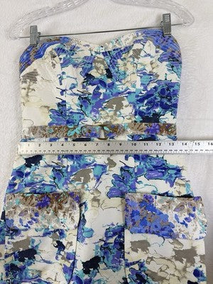 Tracy Reese Dress 4 Anthropologie Strapless Short Pockets Blue Print Womens
