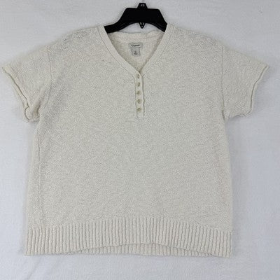 LL Bean Sweater Womens XS Cotton Slub Henley Ivory White Short Sleeve Womens