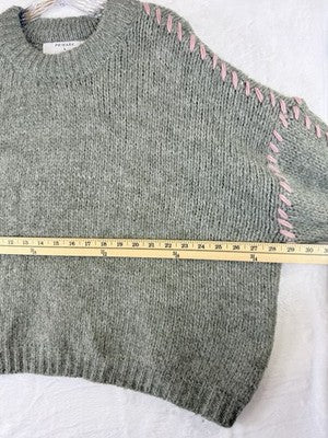 Primark Sweater Large Green Crew Neck Pink Whipstitch Wool Blend