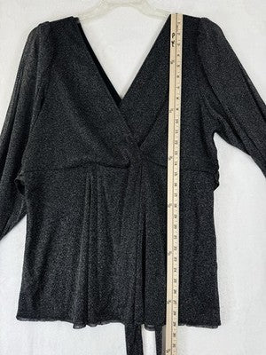 Torrid 3 Top Faux Wrap Black Metallic Tie Waist 3X Plus Size Long Sleeve V Neck