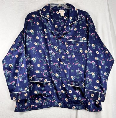 Vintage Barbizon Satin Pajama Top 1X Blue Floral Plus Size Womens Cuddleskin