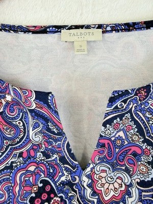 Talbots Dress Small Sleeveless Shift Knit Blue Paisley Womens
