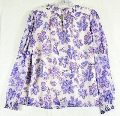 Ann Taylor Loft Top Large Petite Puff Sleeve Purple Floral Long Sleeve Womens