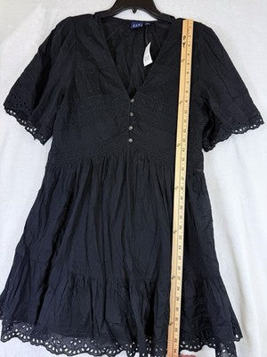 Gap Eyelet Mini Dress Large Womens Black Short Flutter Sleeve Fit & Flare New
