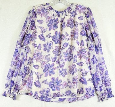 Ann Taylor Loft Top Large Petite Puff Sleeve Purple Floral Long Sleeve Womens