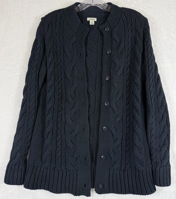 LL Bean Cardigan Sweater Womens Small Navy Blue Cable Knit Buttons 100% Cotton