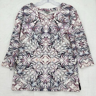 T By Talbots Top 3/4 Sleeve XS Petite Womens Button Hem Purple Print Knit