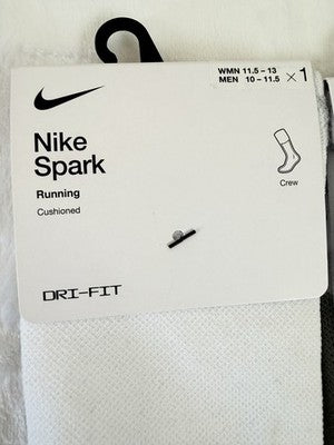 Nike Spark Running Socks Crew White Men 10-11.5 Women 11.5-13 Cushioned Lot New