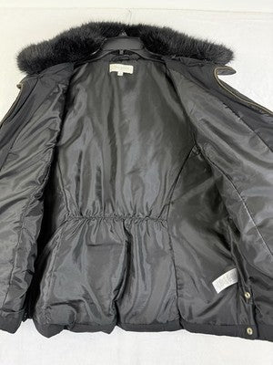 Talbots Down Puffer Vest Womens Large Black Faux Fur Collar Full Zip Quilted