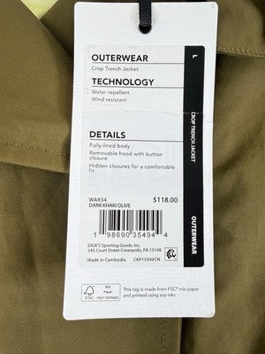 Calia Jacket Large Womens Crop Rain Trench Coat Hooded Green New NWT  $118