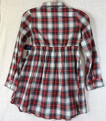 Gap Kids Dress Girls 7/8 Medium Red Plaid Flannel Fit Flare Long Sleeve New