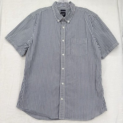 Gap Shirt Men Large Short Sleeve Button Up Blue Striped Cotton Poplin Standard