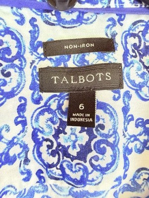Talbots Non Iron Shirt 6 Womens Sleeveless Blue Print Button Down Cotton Womens