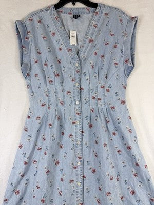 Gap Denim Maxi Dress Small Women Light Blue Floral Print V Neck New NWT