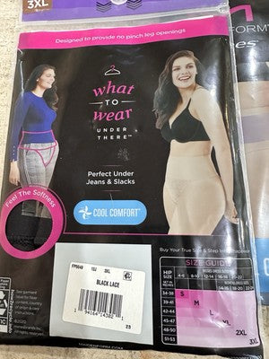 Maidenform Flexees 3XL Lot Thong Black Lace Beige Shapes Cool Comfort Shapewear