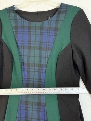 Connected Apparel Dress 8 Black Green Tartan Plaid Pencil Sheath Short Sleeve