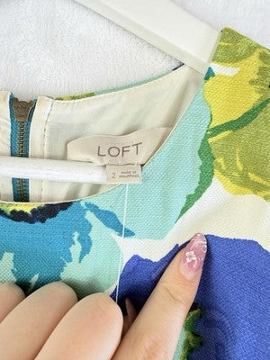 Ann Taylor Loft Dress 2 Womens Sleeveless Shift Blue Green Floral Print Short
