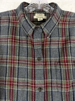 LL Bean Women's Scotch Plaid Flannel Shirt Large Button Up Gray Relaxed Fit Top