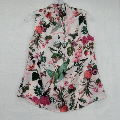 Banana Republic Top XS Sleeveless Pink Bird Floral Print Ruffle Neck New NWT