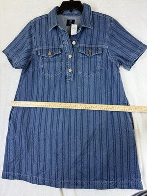 Gap Denim Mini Dress Medium Petite MP Blue Short Sleeve Boho Striped New NWT