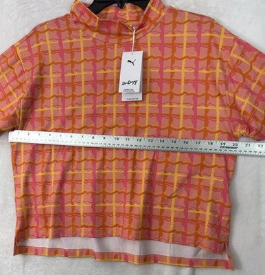 Puma Dani Dazey Top Medium Cloudspun Mock Neck Pink Plaid Womens NWT