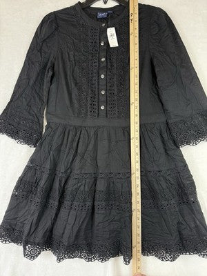 Gap Lace Trim Mini Dress Medium Petite Women Black 3/4 Sleeve Boho Whimsical New