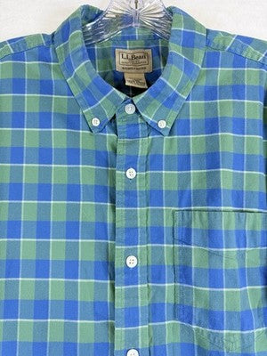 LL Bean Shirt Large Blue Plaid Comfort Stretch Oxford Long Sleeve Button Down