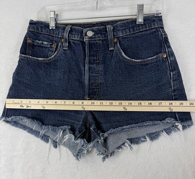 Levis 501 Jean Shorts Women 27 Button Fly Fringe 3” Blue Denim Premium Jeans