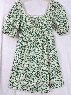 FRNCH Dress Small Met Green Floral Short Smocked Boho Cotton Womens