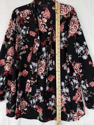 Lane Bryant Top 18 20 Long Sleeve Blouse Black Floral Neck Bow Womens