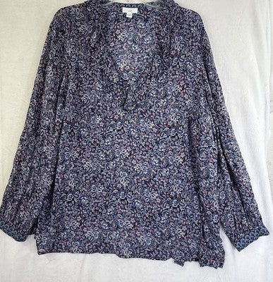 J Jill XL Top V Neck Long Sleeve Ruffle Lightweight Blue Floral Print Rayon